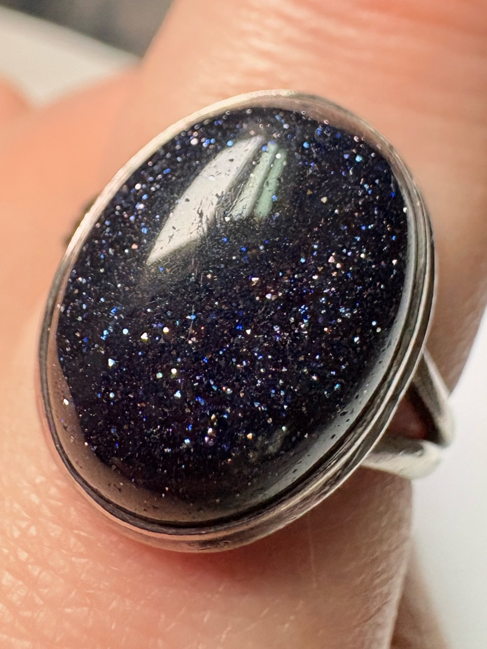 Vintage Silver Ring Midnight Blue Goldstone Cosmic Shimmer Starry Night